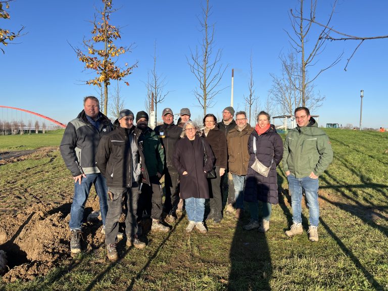 Vertreter des Baumschulverbandes NRW und der IGA auf dem Gelände der Internationalen Gartenausstellung 2027 im Duisburger Rheinpark, wo die ersten Bäume für den Klimahain gepflanzt wurden