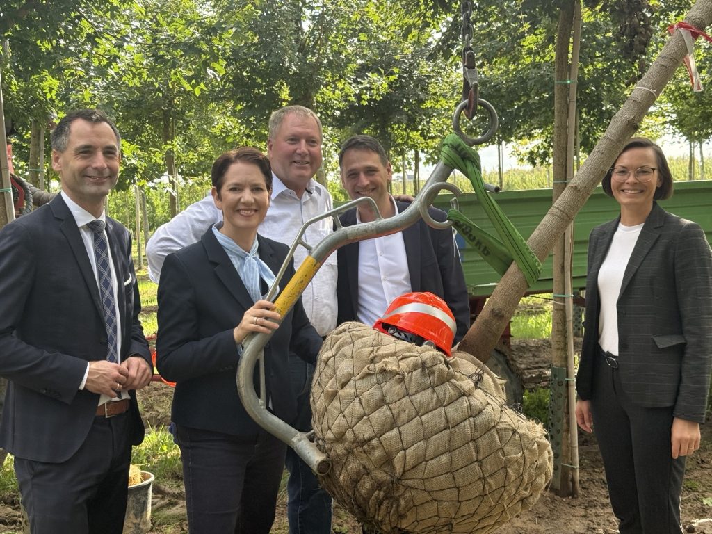 Im Quartier der Baumschule Ley: v. l. Jonathan Grunwald MdL, NRW-Landwirtschaftsministerin Silke Gorißen, Christoph Dirksen, Bürgermeister Schnieber und Christin Haack neben einem bereits gerodeten und versandfertigen Baum